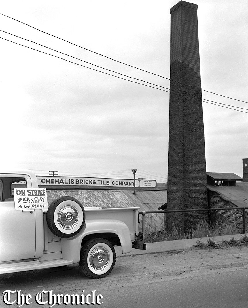 From the June 1959 Chronicle archives: “BRICK PLANT IDLE - For the first time in 58 years, the Chehalis Brick and Tile company plant in Chehalis has pickets in front of its building and no smoke drifts from its tall smokestack. Industry is involved in Northwest-wide disputes with United Brick and Clay Workers of America, according to Palmer Berg, Chehalis local president. Controversy is over wages. Strike action began Friday night and pickets were on job in Spokane, Seattle, Everett and other major cities Monday morning. Off job here are 21 clay workers and two teamsters.- Chronicle Staff Photo.”